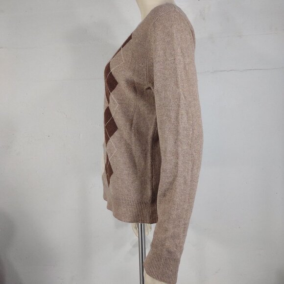 Apt. 9. beige tan brown argyle 100% Cashmere V-neck sweater ladies Large - Picture 5 of 6